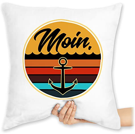 Shirtracer Kissen 40x40 Zierkissen - Statement - Moin Retro Badge - 40 x 40 cm - Weiß - mit Spruch Statements matrose sprüche Moin,Moin