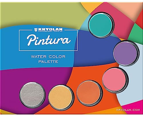 Kryolan Pintura Water Color Palette mit Pinsel und Schwamm - Pintura 2 - 6 Farben, Waschbar, Vegan, ohne Parfüm, ohne Parabene, Glutenfrei - ideal für Kinderschminke, Party, Karneval, Halloween