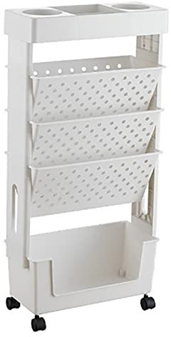 Naroote Beweglicher Bücherregalwagen mit Rädern, Bücherregal-Organizer, 5-stufiger Rollwagen aus Kunststoff Griff, Multifunktionaler Aufbewahrungswagen für Büro, Küche (Weiss), (Narootermv4728oey-13)
