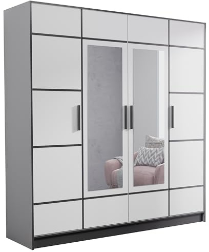 KIER FURNITURE Viertüriger Kleiderschrank Roj4D - Moderner Kleiderschrank aus Laminierter Spanplatte - Ausziehbarer Kleiderbügel - Praktische Garderobe - 206,4x205x39 cm Weiß | Geräumiger Kleiderschrank mit praktischer Aufbewahrung für Kleidung und Wäsche, ideal für Erwachsenen- oder Kinderzimmer
