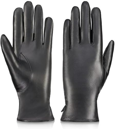 BETLEWSKI - Damen Handschuhe aus Schafsleder gefüttert - Warme Lederhandschuhe für Damen in Schwarz mit Futter - klassische Winterhandschuhe mit weichem Innenfutter Modell- Sophia - L