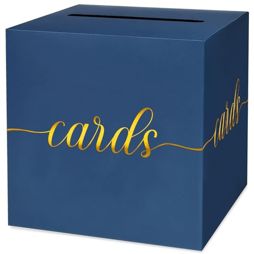 LIKAJON 1 Pack Navy Blue and Gold Foil Card Box, 8.7 Square Card Box for Party, Wedding, Baby Shower, Anniversary, Bridal Shower, Raffle Ticket