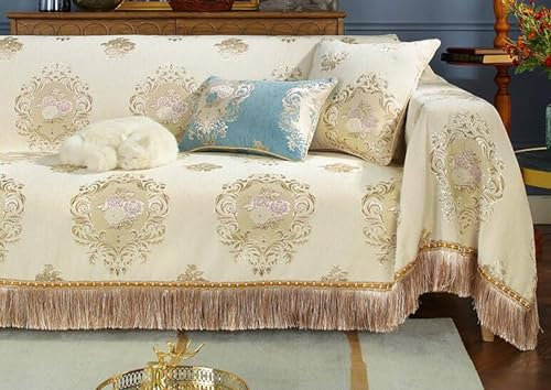 KnSam Home Sofabezug, Blumen Couchbezug Groß mit Quaste, Wohnzimmer Sessel Hunde Haustiere Sofahusse Chenille Anti-Rutsch-Couch (185x230CM, Beige)