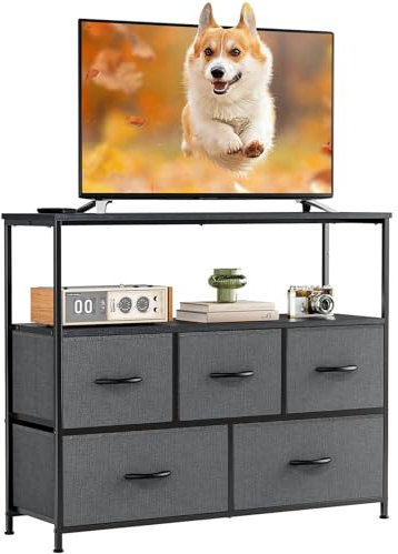 DUMOS Kommode mit Schubladen - kommoden & Sideboards für Schlafzimmer Geeignet, Komodenschrank mit 5 Schubladen, TV-Schrank mit Stabilem Stahlrahmen, Ideal für Schlafzimmer, Wohnzimmer (Grau)