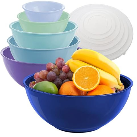 WALL QMER 12er Set Kunststoff Rührschüsseln mit Deckel, Buntes Nistschüssel-Set, Stapelbare Rührschüsseln zum Kochen, Backen, Obst, Salate, Lebensmittelaufbewahrung, Mikrowellen und Gefriergeeignet