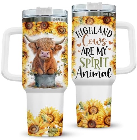 34HD Highland Cow Tumbler with Handle Straw, Funny Cow Print Coffee Mug for Women