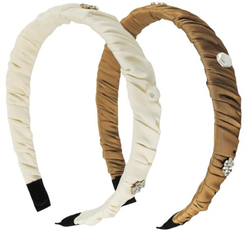 scicent Stirnband 2 Stück Strass Haarband Modische Haarreife mit Kristall Elastisches Haarreifen Stoff Stirnbänder Rutschfeste Haarbänder Mode Haarschmuck für Damen Mädchen (Weiß+Hellbraun) - 29711