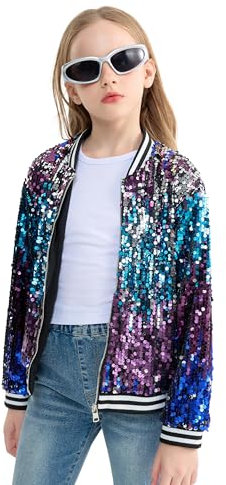LOLANTA Mädchen Pailletten Bomberjacke mit Reißverschlusstaschen Langarm Glitzer Baseball Jacken für Kinder, Farbverlauf lila-blau, 8-9 Jahre, 140