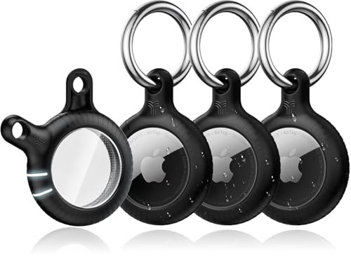 YOSH für Airtag Schlüsselanhänger, für Airtag Hülle[Twist-Lock-Design], Vollständige TPU-Schutzhülle mit Kratzschutz, 4er-Pack, 30 mm Metall-Schlüsselring für Apple Air Tags 2021, Schwarz