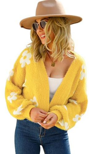 SWOAMER Damen Strickjacke Kurz Süß Cardigan Lässig Open Front Strickmantel Sweater Langarm Frühling Winter Oberteile Casual Pullover Gelb M