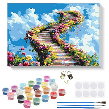 RICUVED Fleur Peinture par Numéros Kit 20x30cm pour Débutants avec Cadre en Bois –Fleur Peinture Par Numéros Pour Adulte Enfants Kit DIY Pinceaux, Peintures Décoration Murale