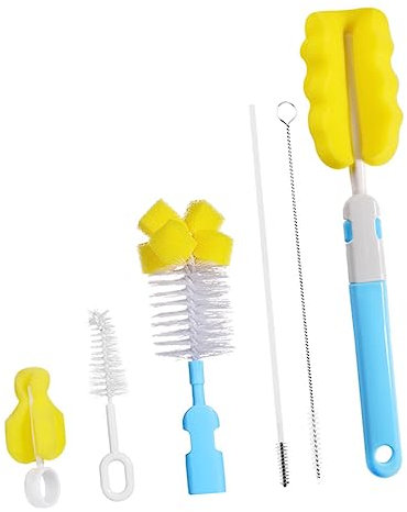 CATIEBYE 6pcs Baby Bottle Cleaner Brush Set with Sponge and Nylon Brushes, Multi-use Bottle and Straw Cleaning Tools for Infant Feeding, Blue Sponge Washer Kit for Home and Travel