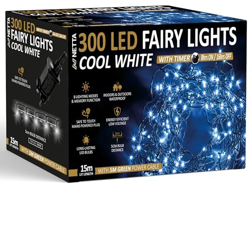 NETTA Christmas Tree Lights 300 LED 15m Fairy String Lights Plug in with Timer and Memory Functions for Outdoor/Indoor Use -Cool White