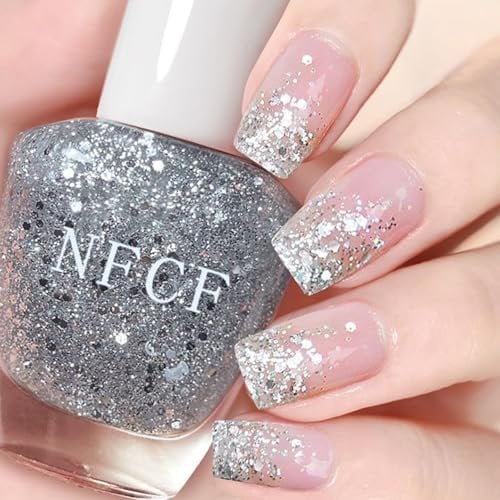 Glitter Nail Polish - Silver Glitter Nail Varnish - Diamond Flash Clear Glitter Nail Polish - Air Quick Dry Shimmer Silver Nail Polish - Long Lasting Sparkly Nail Polish For Women Girls