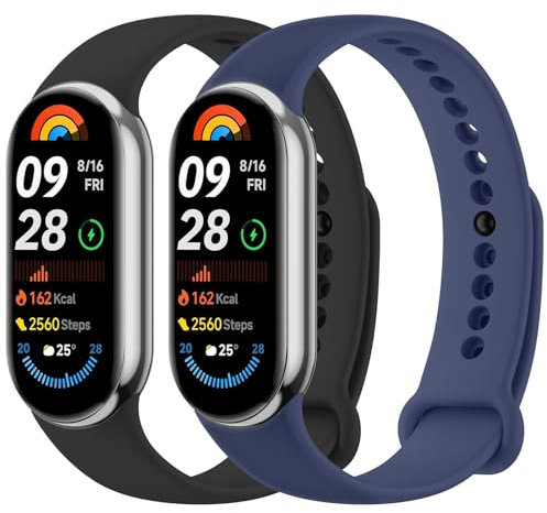 Wanme 2 Pièces Bracelet pour Xiaomi Mi Band 9 / Xiaomi Mi Band 8, Bracelet en silicone souple et confortable pour Xiaomi Mi Band 8, Noir/Bleu marine