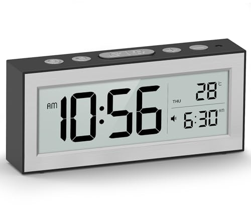 Digital Alarm Clock for Bedroom, Bedside Clock with Adjustable LED Display, Temperature & Calendar, Battery Powered Alarm Clock with Snooze(Black)