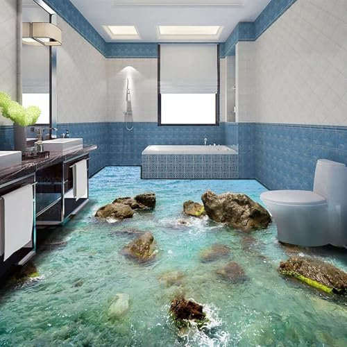 YIBUHANG Selbstklebende Bodenfliesen für den Innenbereich 3D Wandbild Strand Steinwellen Wohnzimmer Badezimmer Wandkunst Tapeten Dekoration Aufkleber