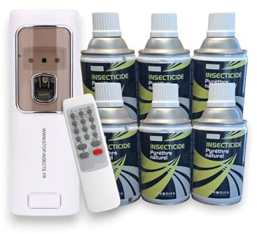 Insecticide pyrèthre naturel 6x250ml avec 1 Diffuseur Automatique pro avec télécommande Anti mouches, moucherons, moustiques, mites, punaises de lit. Élimine et éloigne insectes volants et rampants