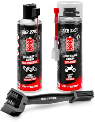 ERRECOM 1000 Miglia Clean&Lube Kit Cadena Moto Off-Road; Incluye Desengrasante Cadena Bote Alta Presión 500mL+Lubricante Cadena Moto Todoterreno 500mL+ Huggie System y Extensión 90°+Cepillo+ Guantes