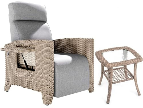 Relaxliege Liegesessel&Beistelltisch-Set, Rattansessel, Verstellbare Rückenlehne, mit Dickem Kissen, Geeignet für Innen und Außen (Braune+ Graues Relaxliege 1-PACK)+(Braune Beistelltisch 1-PACK)