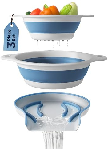 Collapsible Colanders (2 Pack Set) Food Strainers with Over-Sink Water Draining Base for Pasta Fruits and Vegetables (4 and 5 Quart) - White Blue