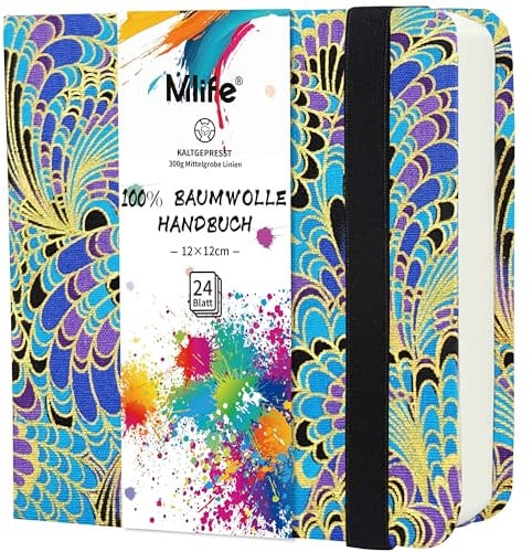 Mlife Quadratisches Doppelseitig Aquarellpapier Skizzenbuch, 100% Baumwolle, 300 g/m², Säurefrei,Aquarellblock ideal für Kunstliebhaber, Erwachsene, Studenten, 12,5 x 12,5 cm, Blaue Federn