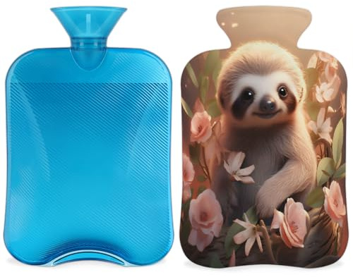 Sloth Flower Hot Water Bottle with Cover, Spring Floral Animal 2L Hot Water Bag for Pain Relief, Neck Soft and Shoulder, Hand Feet Warmer, Hot and Cold Compress for Adult Kids