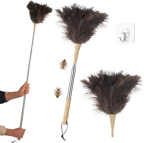 Plumero de Plumas de Avestruz, Plumero Telescopico Extensible hasta 186 cm,Lavable, Antiestático, no Raya, con Mango de Bambú, para Techos, Ventiladores de Techo, Muebles, Coches y Superficies