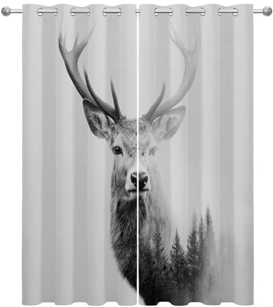 Mistela Vorhänge Hirsch - Verdunklungsvorhänge mit Ösen Hirsch Waldtier Hütte Wohnzimmer Gardinen Vorhänge kurz Schlafzimmer Küchengardine Decor - 2er Set - H137 x B117cm, Grau Weiß