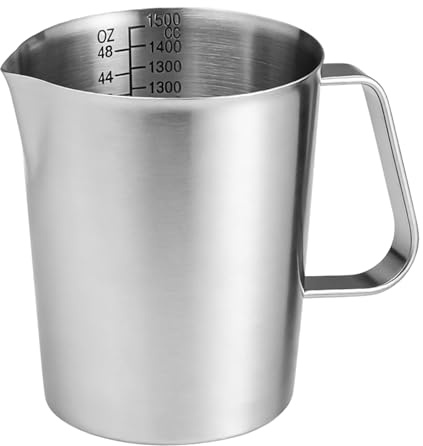 Taza medidora de acero inoxidable de 1,5 L, vaso medidor de metal con marca y mango, jarra de leche, grado alimenticio, acero inoxidable 304, tazas de medición para jarra de leche, cafetera, cubitera