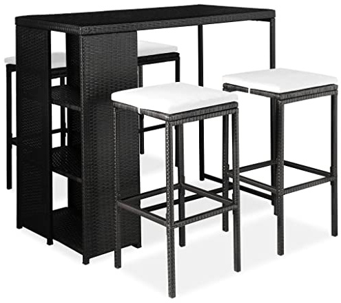 QJBSAVVA 5-TLG. Gartenbar-Set Schwarz 120 x 60 cm Poly-Rattan mit cremeweißen Kissen platzsparendes Balkonmöbel Set mit Bartisch und 4 Barhockern für Balkon, Terrasse und Garten