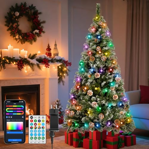 Aigostar 180CM Weihnachtsbaum mit Beleuchtung: 10M Intelligente Lichterkette, 66 LEDs (Kugeln), 39 Dynamische Modi, Musik-Sync und DIY-Farben - Weihnachtbaum mit 650 Schnee Zweigen, 43 Kiefernzapfen