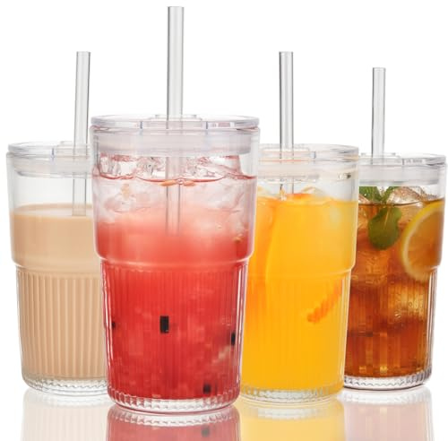 VITEVER 4er-Pack Geriffelte Glasbecher mit Deckel und Strohhalmen – 450 ml Eiskaffee-Becher, Smoothie- und Cocktail-Trinkgläser, klares Glasgeschirr für zu Hause oder fürs Café