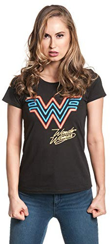 Wonder Woman Logo Néon Femme T-Shirt Manches Courtes Noir XXL, 100% Coton, Regular/Coupe Standard
