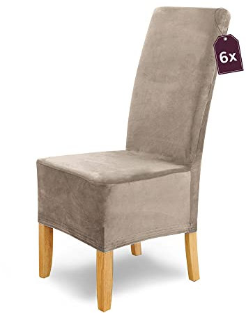SCHEFFLER-Home Stretch Stuhlhussen Samt Puma Velvet/Velours Stuhlhussen 6er Set Stein-Beige/Stuhlabdeckung als Stuhlhussen Schwingstühle/Spann-Stuhlhussen Lang/eleganter Chenille Stuhlüberzug