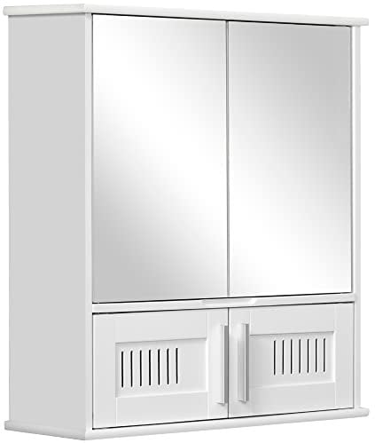 Armoire Murale de Salle de Bain avec Miroir - Armoire à Glace - Placard de Rangement Toilettes - 4 Portes, étagère - Verre MDF Blanc