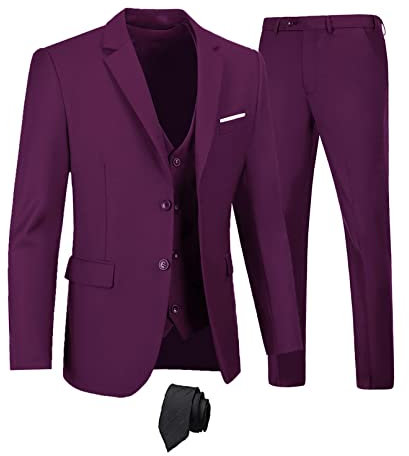 Furuyal Herren-Anzüge, 3-teilig, schmale Passform, Anzug-Set, zwei Knöpfe, Hochzeit, Business, Smoking, solide Blazer, Jacke, Weste, Hose mit Krawatte, Traube, XL