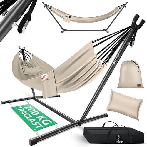 KESSER® Hängematte Lake mit Gestell, Doppel für 2 Personen, 200kg Belastbarkeit, Indoor & Outdoor, XXL Hängesessel, Garten, Pool, Balkon, Terrasse, Inkl. Kissen, Beutel & Tasche, Beige