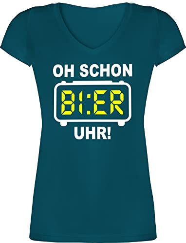 T-Shirt Damen V Ausschnitt - Party & Alkohol - Oh Schon Bier Uhr! Weiß - XS - Türkis - Sauf Shirt saufi Tshirt Frauen t Trink sprüche Shirts Oberteile Feier Oberteil tailliert Trinker Tshirts