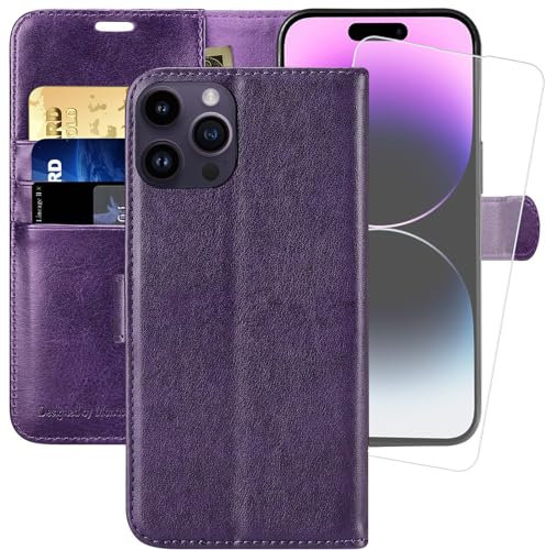 MONASAY Wallet Case for iPhone 14 Pro 5G,[Glass Screen Protector Included] [RFID Blocking] Flip Folio Leather Cell Phone Cover with Credit Card Holder for Apple iPhone 14 Pro 6.1-inch,Purple