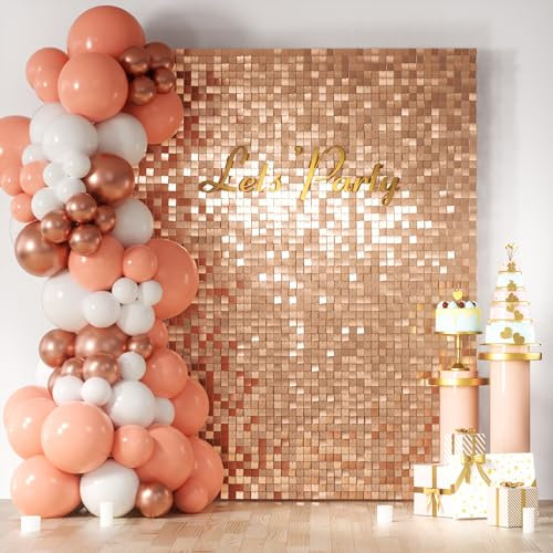 COKAOBE Rose Gold Shimmer Wall Backdrop 24PCS Rose Gold Sequins Backdrop Decoration Panels, Photo Backdrops for Birthday, Anniversary, Wedding, Engagement Decoration