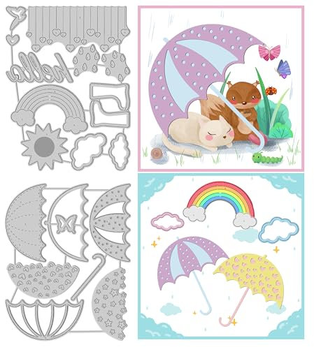 GLOBLELAND Regenschirm Regenbogen Metall Stanzschablone Regentropfen Schmetterlinge Papierpräge Stanzschablonen Set Text Stanzformen für Kartenherstellung DIY Papier Scrapbooking Handgefertigtes