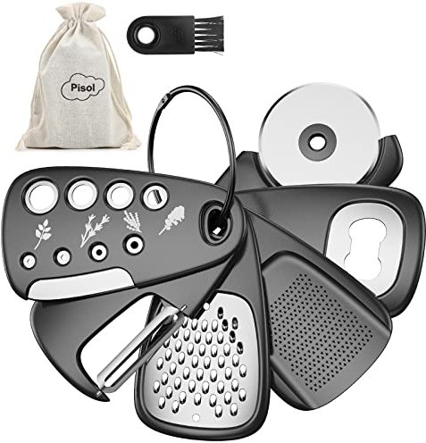 Pisol Kitchen Ensemble de gadgets uniques 6 pièces, gain de place, râpe à fromage, ouvre-bouteille, éplucheur de fruits et légumes, coupe-pizza, broyeur d'ail et de gingembre, décapant d'herbes