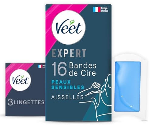 Veet EXPERT - 16 Bandes de Cire Froide Aisselles - Peaux Sensibles - Finition Parfaite - Epilation Longue Durée