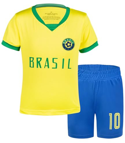 BDONDON Kinder-Fußballtrikots für Jungen und Mädchen, Größe 2–14 Jahre, atmungsaktiv, Jugend-Fußball-Trainingsoutfits, Geschenke, Gelb-Brasilien, 5-6 Years