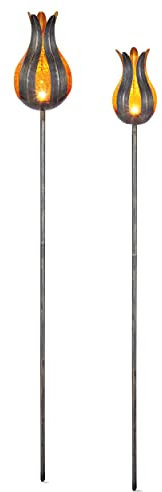 esotec Solar Blumen-Stableuchten Lilie, 2er Set, gelb, 12+15cm, Crackle Bruchglas Solarkugel, Akku, Solarmodul, Gartenfackel, Solarleuchte, Solarfackel, metall, außen, wetterfest, outdoor 103109