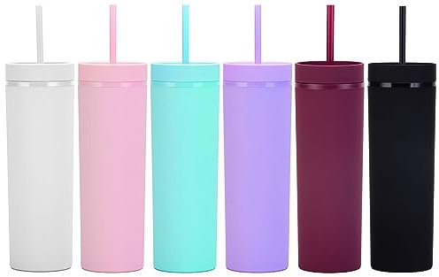 Essasea Matte Skinny Tumblers with Lids and Straws.16oz Skinny Tumblers Bulk.Double Walled Plastic Acrylic Pastel Tumblers Cups for Iced Coffee Smoothie.DIY Silm Tumblers.