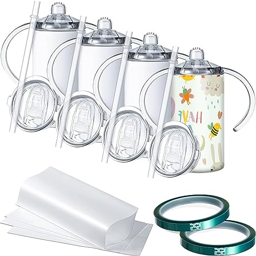 Vermida Sublimation Sippy Cup Blank with Handle, 12oz Stainless Steel Sippy Cups, Kids Cups with Straws and Lids Spill Proof Double Wall Vacuum Cup for Children(4 Pack)