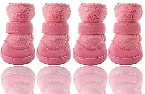 Hunde Schuhe Outdoor, FaJoek 4 Stücke Hundeschuhe Kleine Hunde, Welpen-Stiefel, Schneestiefel für Haustiere, Hundeschuhe Winter, Pfotenschutz Hund, Plüsch Hundestiefel, für Kleine Hunde Katzen(Rosa)