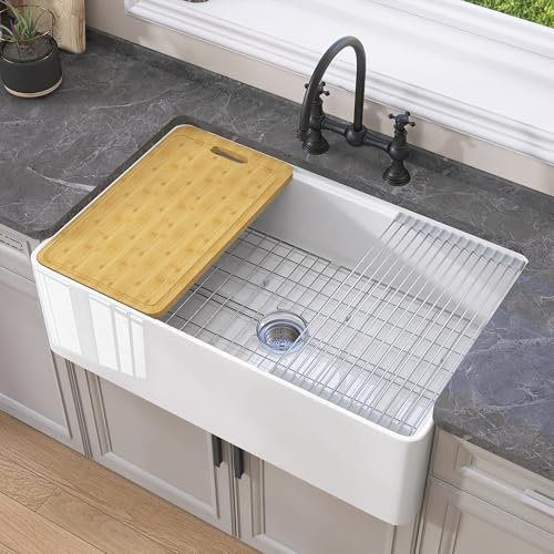 GETPRO Farmhouse Sink with Workstation 33 X 20 Fireclay White Single Bowl Apron Front Extra Deep & Wide